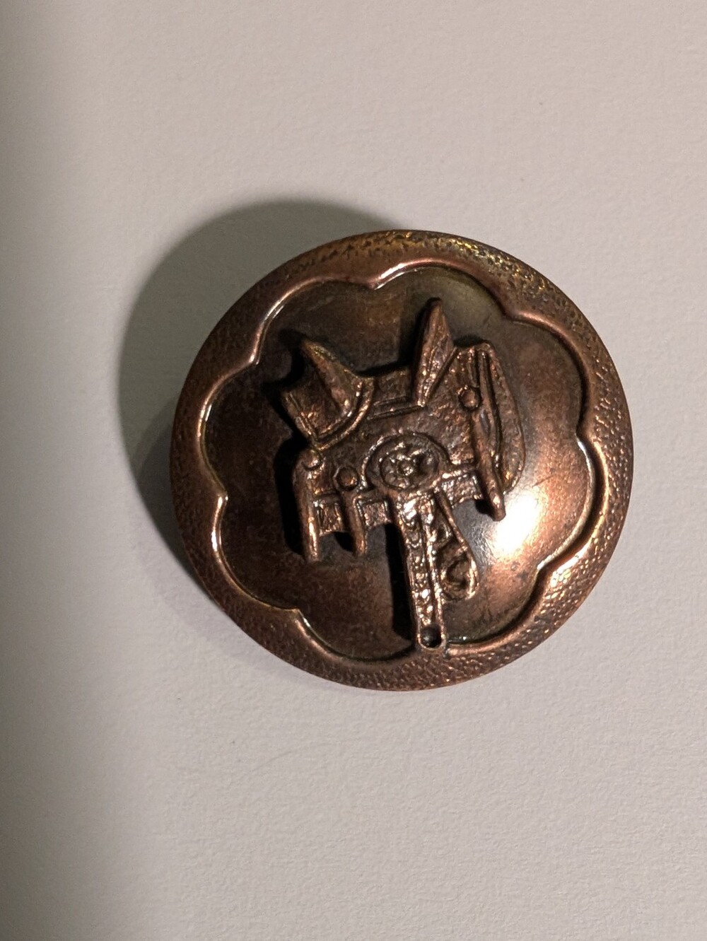 Antique Victorian Copper Picture Button  Raised Relief Western  Saddle 1800-1910